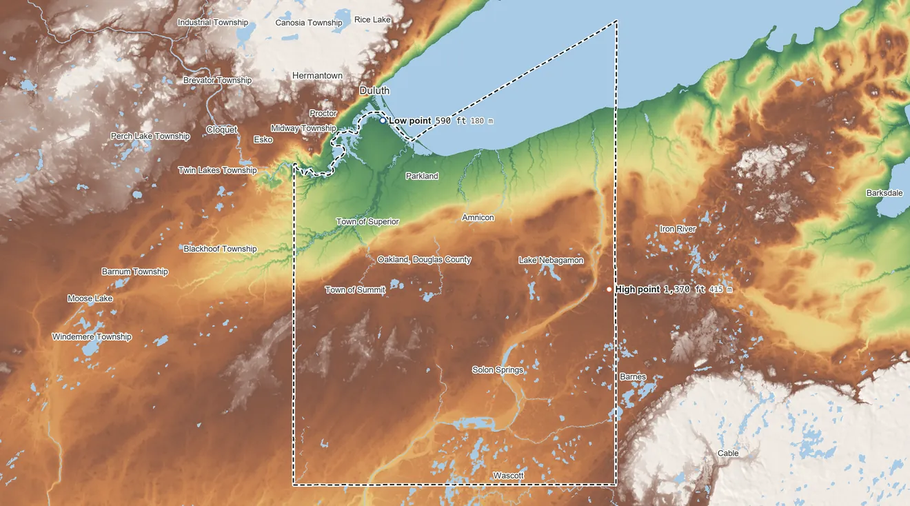 Topographic elevation map of Douglas County, Wisconsin, shaded from 590 ft on the northwest side to 1,370 ft on the east side