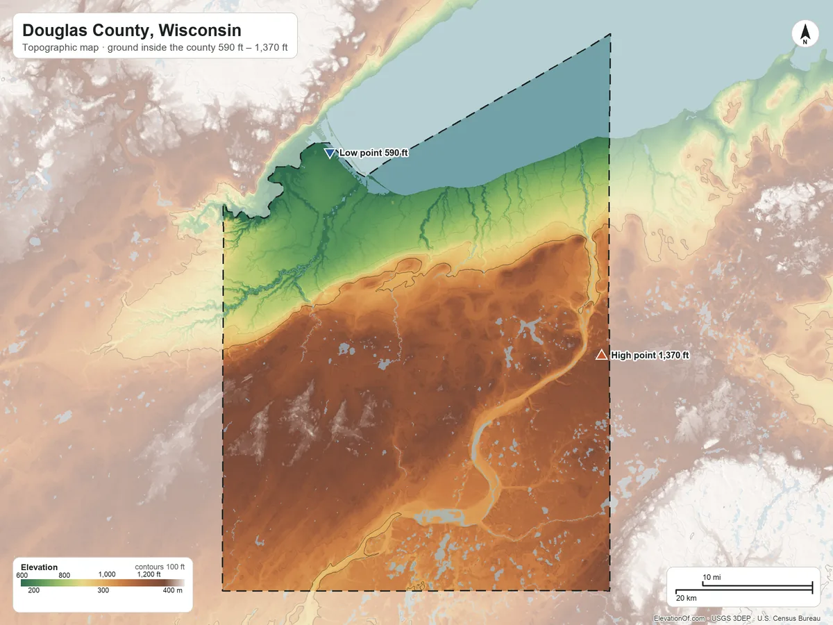 Topographic elevation map of Douglas County, Wisconsin, shaded from 590 ft on the northwest side to 1,370 ft on the east side