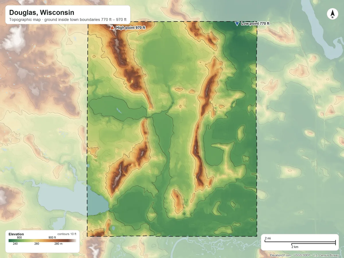 Topographic elevation map of Douglas, Wisconsin, shaded from 770 ft on the northeast side to 970 ft on the north side