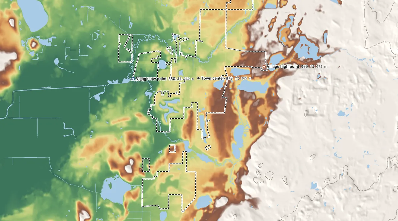 Topographic elevation map of Dousman, Wisconsin, shaded from 850 ft on the west side to 900 ft on the east side