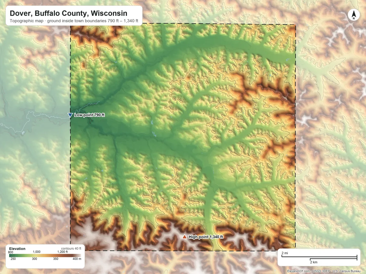 Topographic elevation map of Dover, Buffalo County, Wisconsin, shaded from 790 ft on the west side to 1,340 ft on the south side