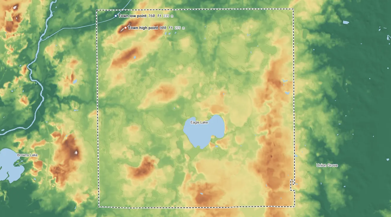 Topographic elevation map of Dover, Wisconsin, shaded from 760 ft on the northwest side to 900 ft on the northwest side