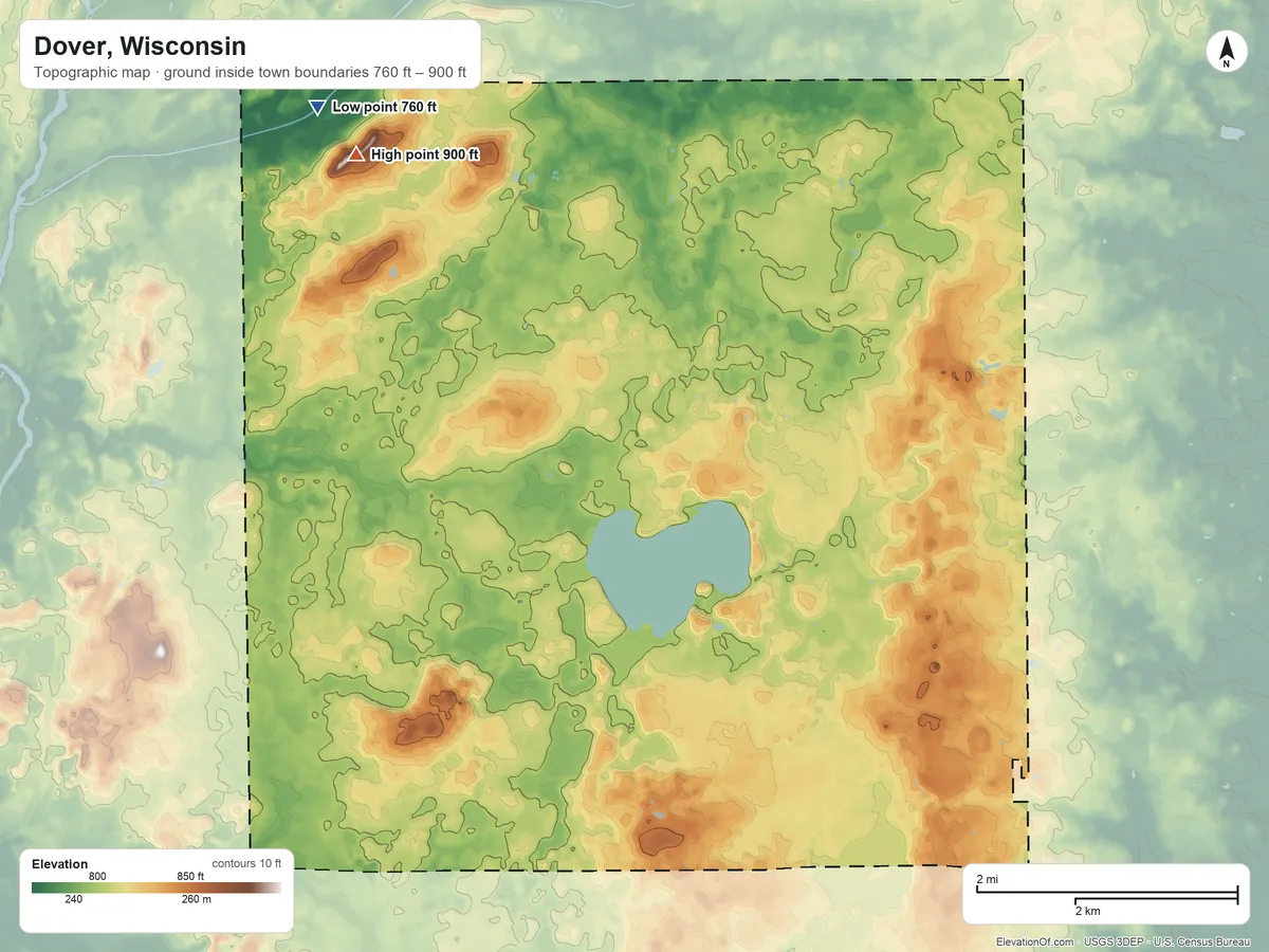 Topographic elevation map of Dover, Wisconsin, shaded from 760 ft on the northwest side to 900 ft on the northwest side