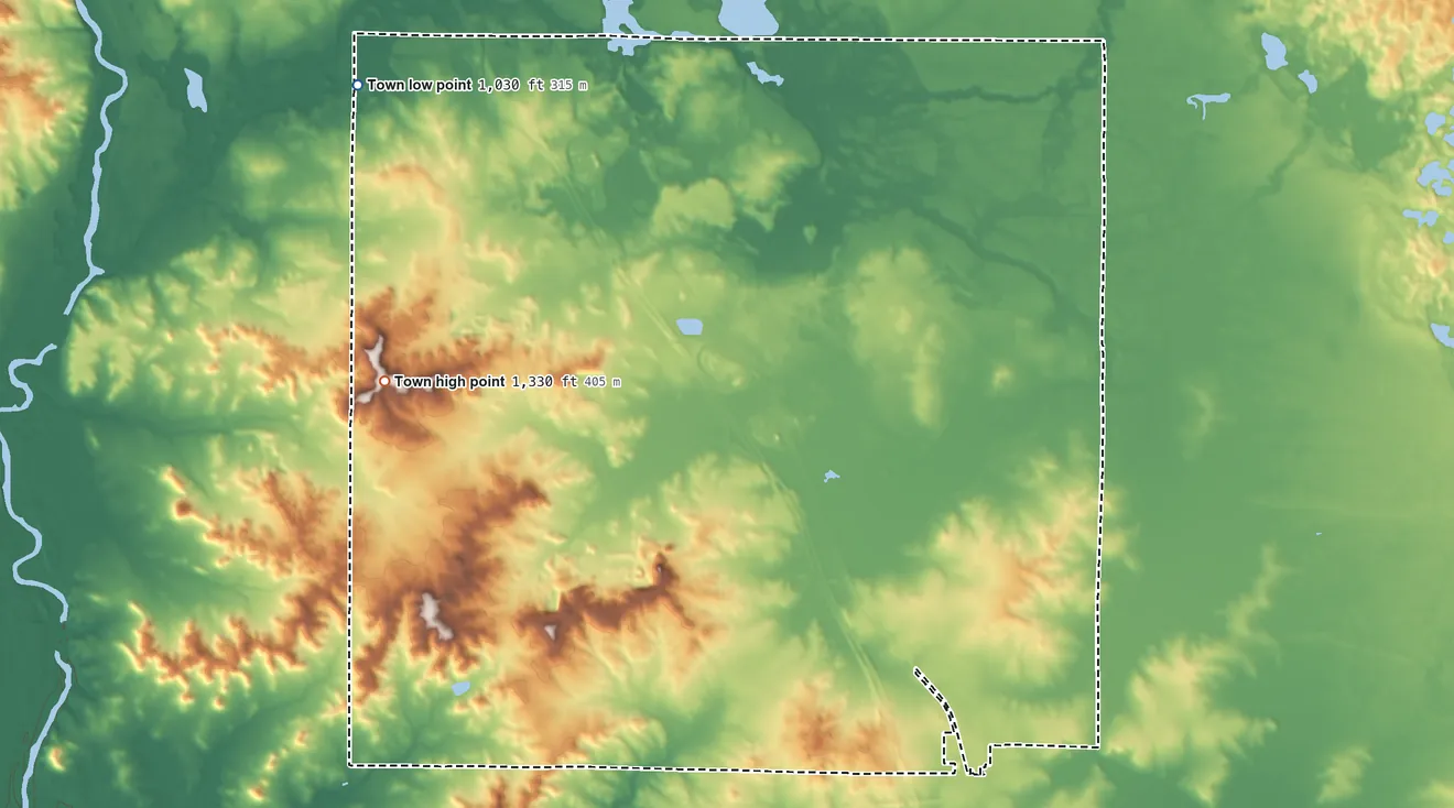 Topographic elevation map of Dovre, Wisconsin, shaded from 1,030 ft on the northwest side to 1,330 ft on the west side