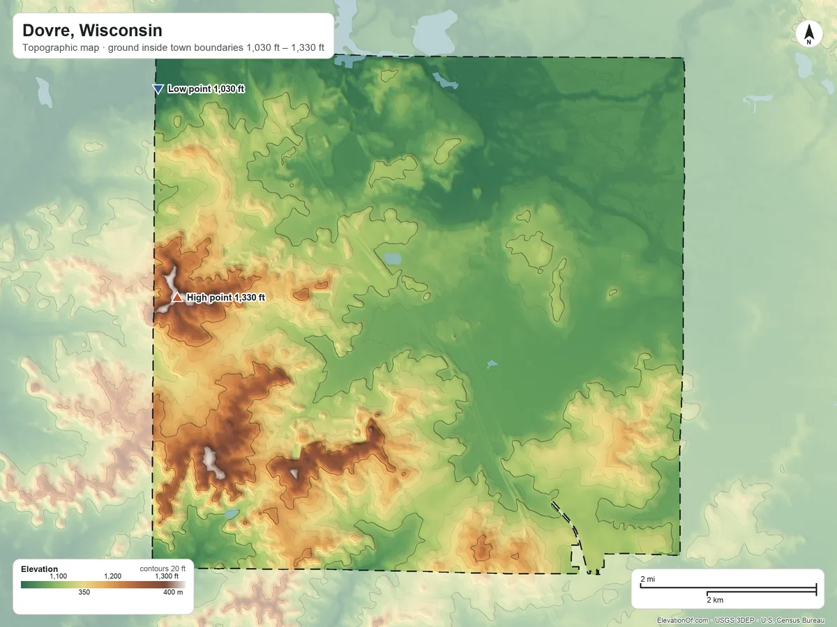 Topographic elevation map of Dovre, Wisconsin, shaded from 1,030 ft on the northwest side to 1,330 ft on the west side