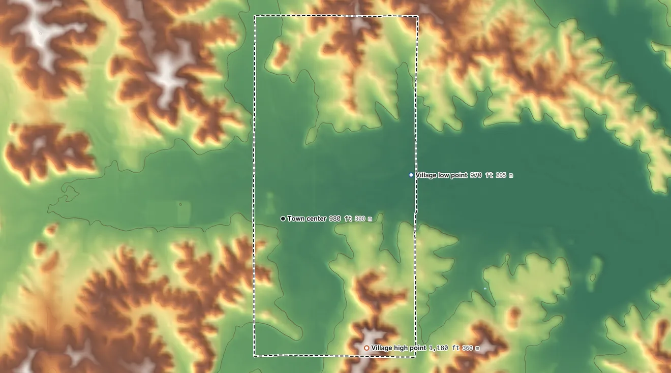 Topographic elevation map of Downing, Wisconsin, shaded from 970 ft on the east side to 1,180 ft on the southeast side