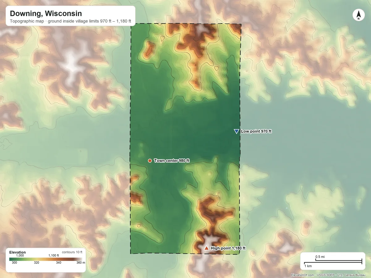 Topographic elevation map of Downing, Wisconsin, shaded from 970 ft on the east side to 1,180 ft on the southeast side