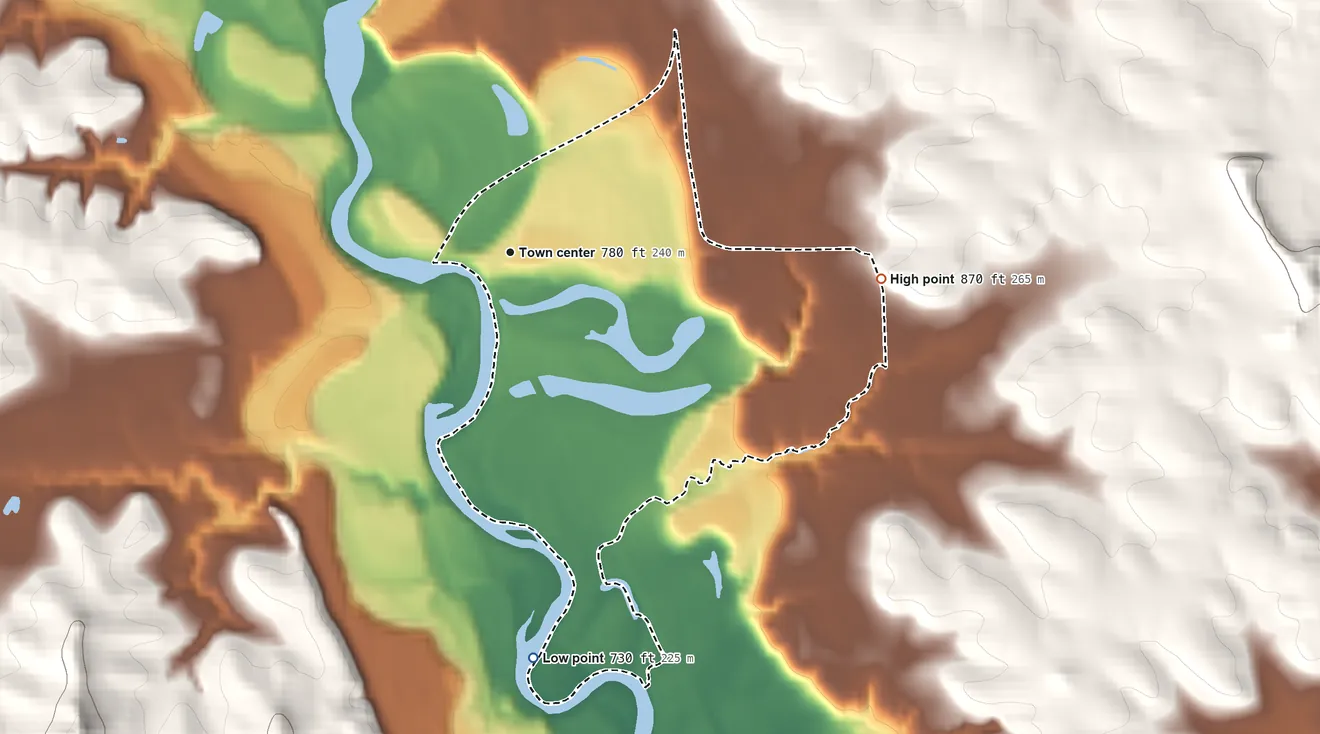 Topographic elevation map of Downsville, Wisconsin, shaded from 730 ft on the south side to 870 ft on the east side