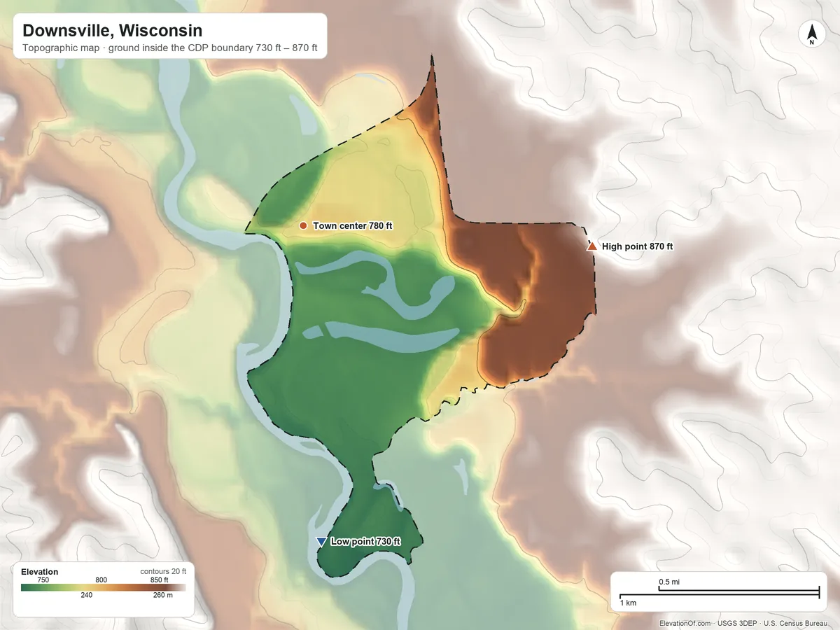 Topographic elevation map of Downsville, Wisconsin, shaded from 730 ft on the south side to 870 ft on the east side