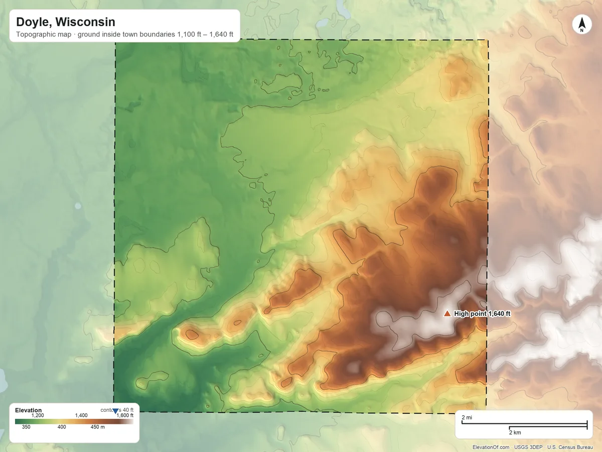 Topographic elevation map of Doyle, Wisconsin, shaded from 1,100 ft on the southwest side to 1,640 ft on the southeast side