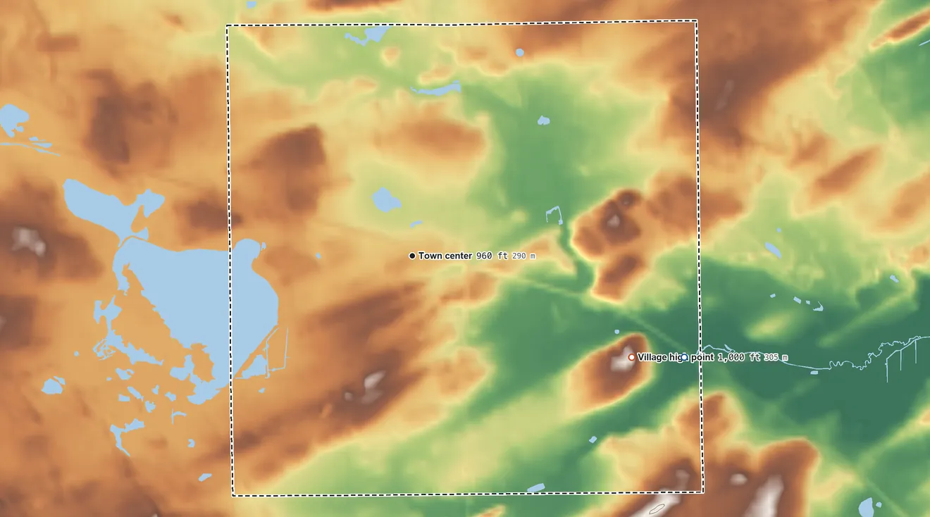 Topographic elevation map of Doylestown, Wisconsin, shaded from 910 ft on the east side to 1,000 ft on the southeast side