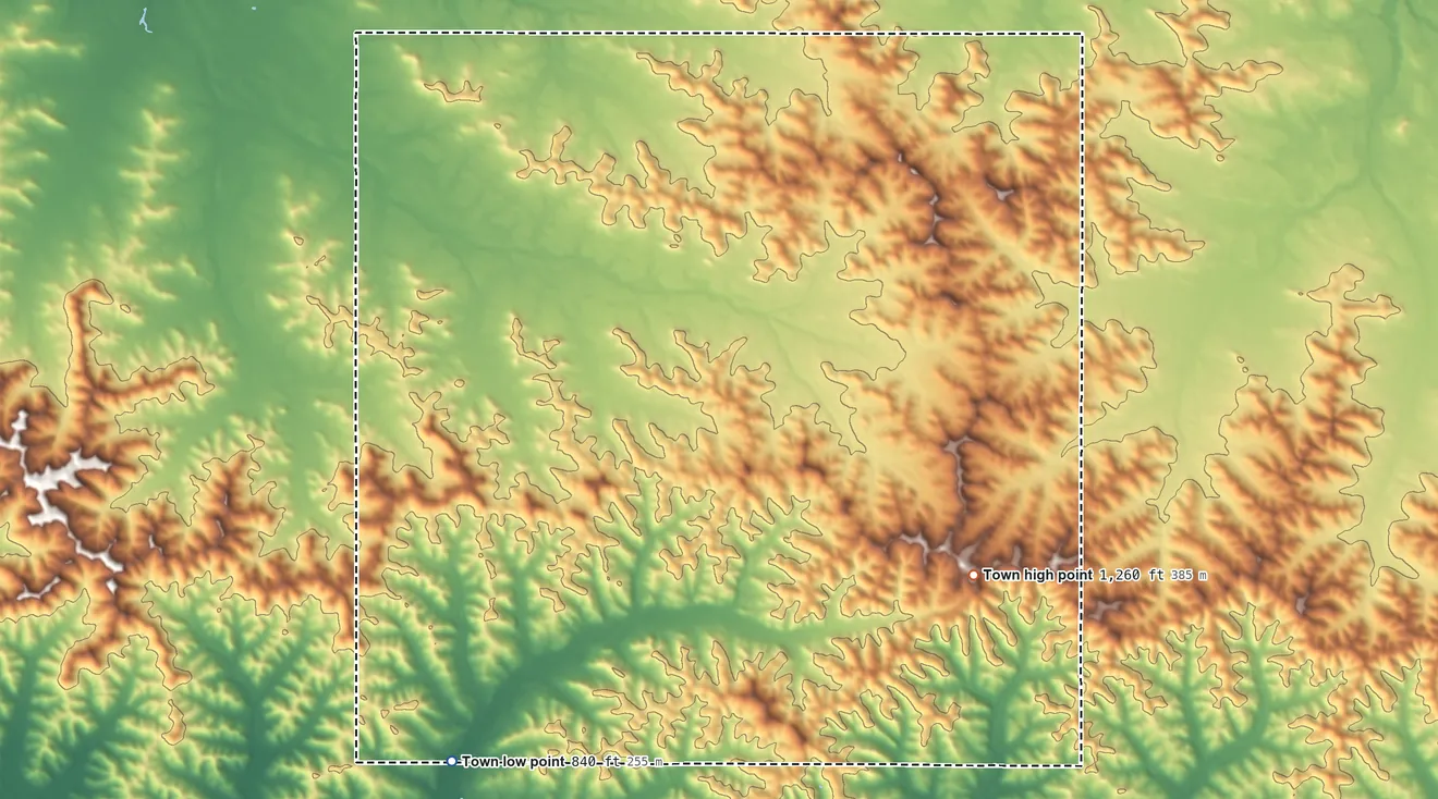 Topographic elevation map of Drammen, Wisconsin, shaded from 840 ft on the southwest side to 1,260 ft on the southeast side