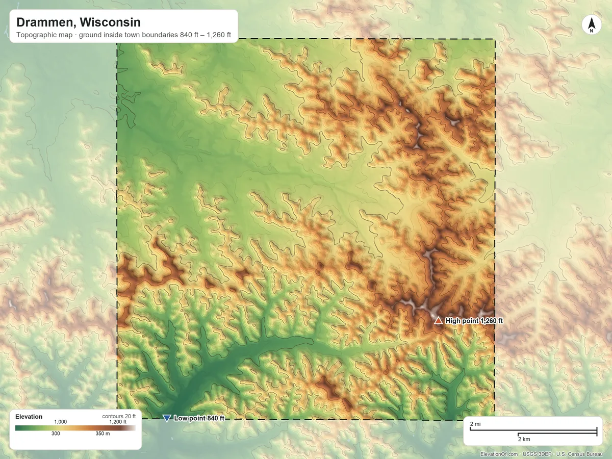 Topographic elevation map of Drammen, Wisconsin, shaded from 840 ft on the southwest side to 1,260 ft on the southeast side