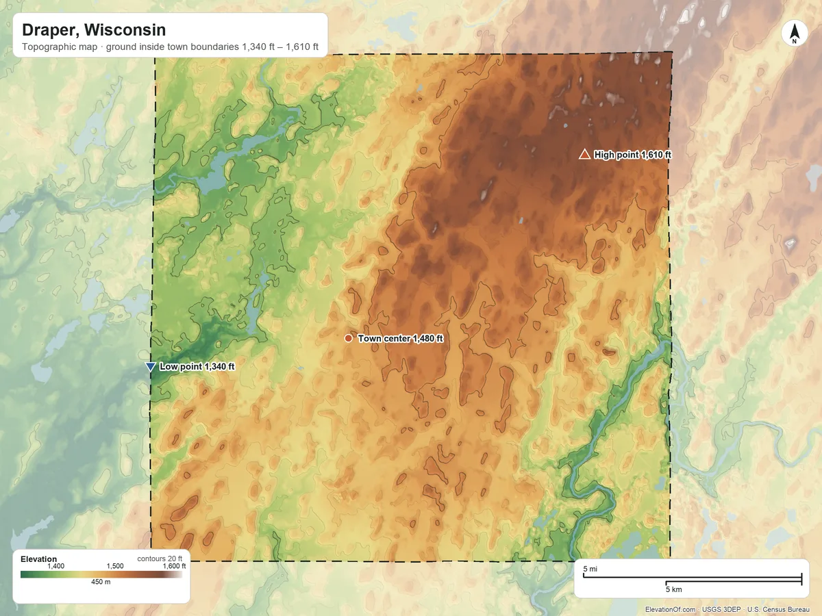 Topographic elevation map of Draper, Wisconsin, shaded from 1,340 ft on the west side to 1,610 ft on the northeast side