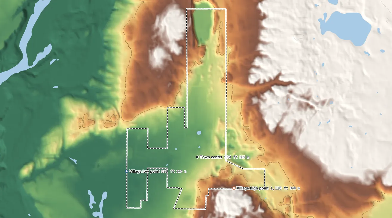 Topographic elevation map of Dresser, Wisconsin, shaded from 890 ft on the west side to 1,120 ft on the southeast side