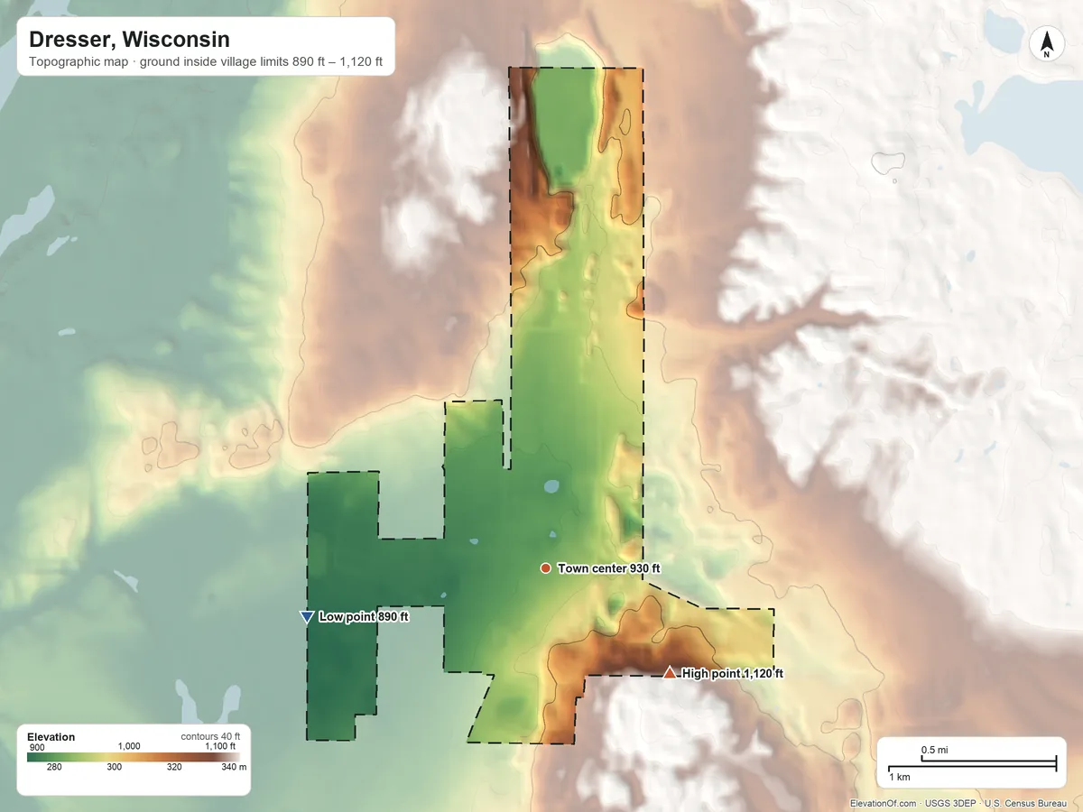 Topographic elevation map of Dresser, Wisconsin, shaded from 890 ft on the west side to 1,120 ft on the southeast side