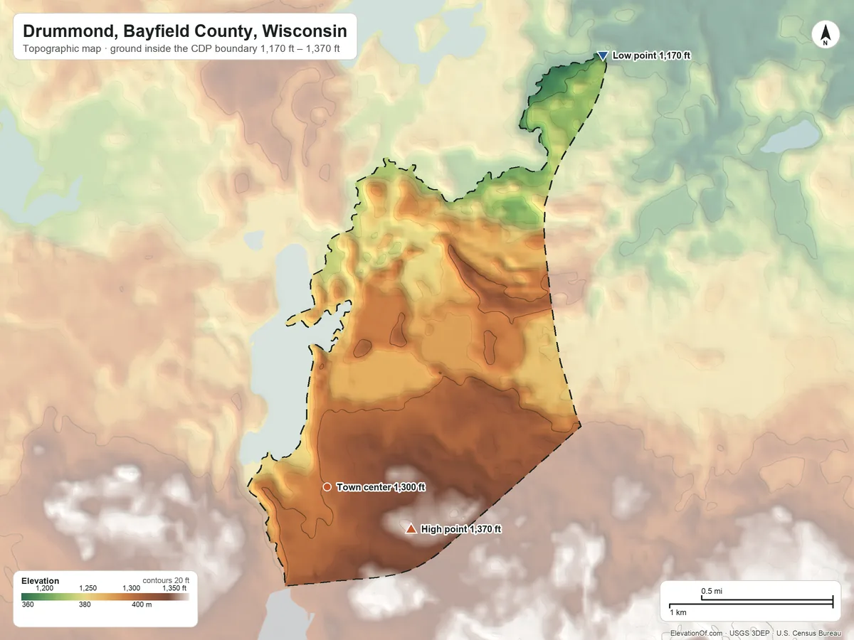 Topographic elevation map of Drummond, Bayfield County, Wisconsin, shaded from 1,170 ft on the northeast side to 1,370 ft on the southeast side