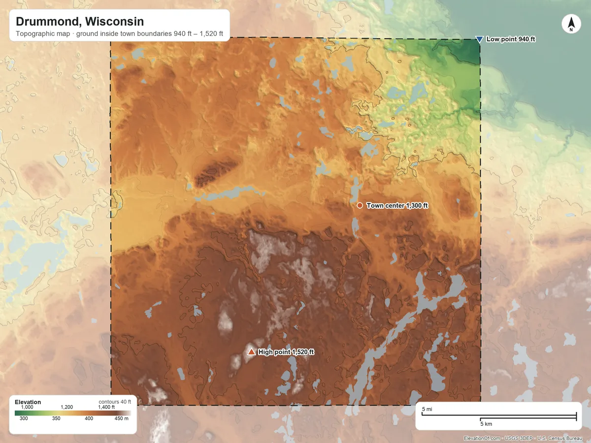Topographic elevation map of Drummond, Wisconsin, shaded from 940 ft on the northeast side to 1,520 ft on the southwest side