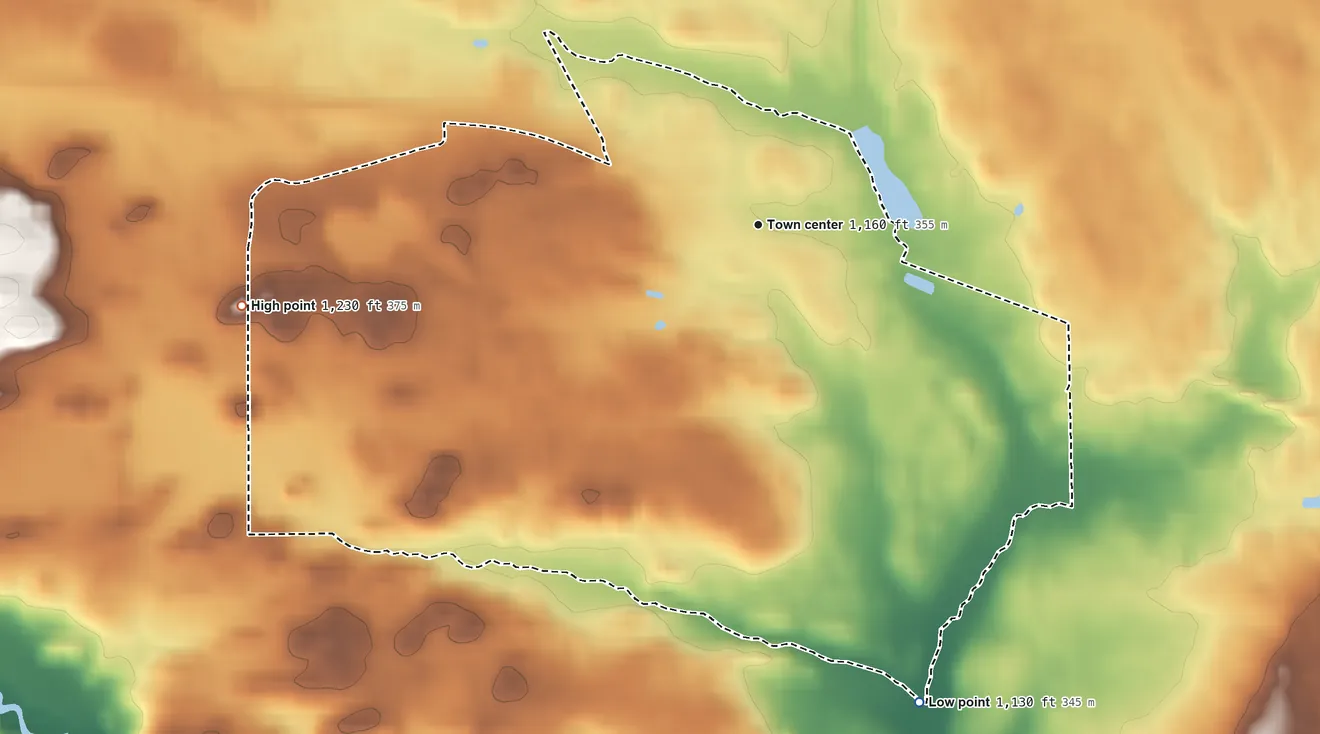 Topographic elevation map of Dunbar, Marinette County, Wisconsin, shaded from 1,130 ft on the south side to 1,230 ft on the west side