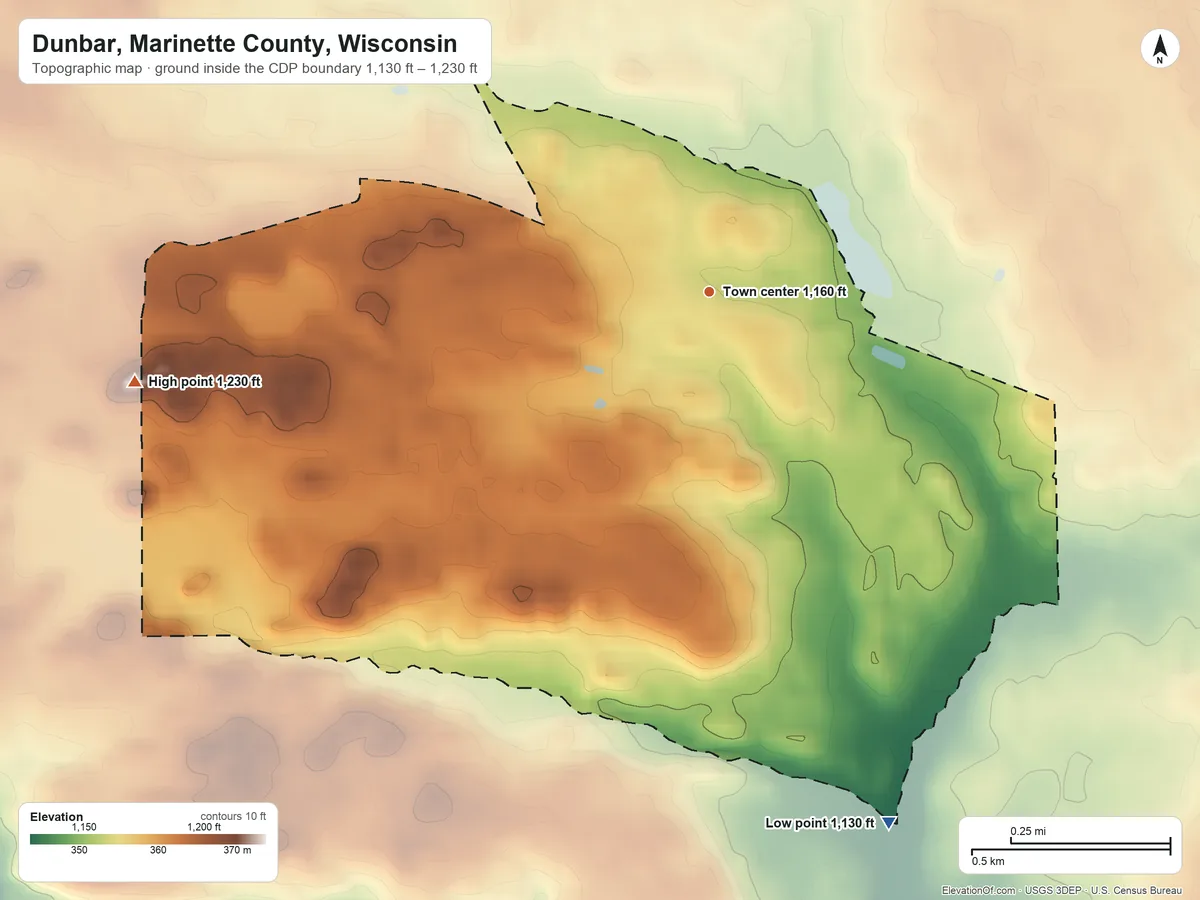 Topographic elevation map of Dunbar, Marinette County, Wisconsin, shaded from 1,130 ft on the south side to 1,230 ft on the west side