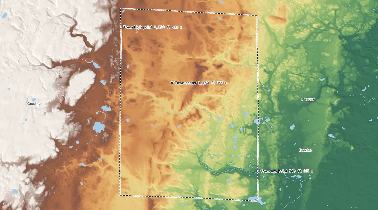 Topographic elevation map of Dunbar, Wisconsin, shaded from 940 ft on the southeast side to 1,350 ft on the northwest side