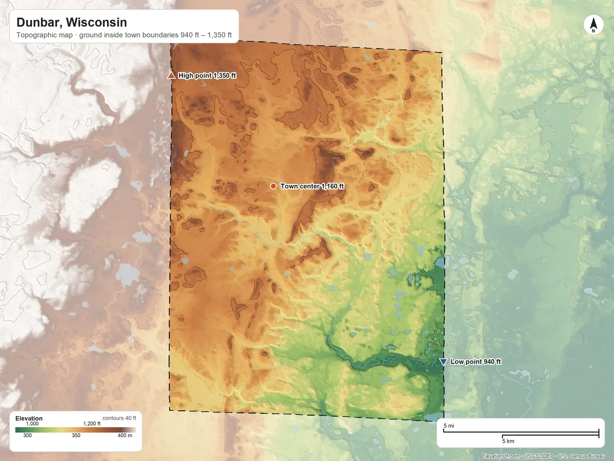 Topographic elevation map of Dunbar, Wisconsin, shaded from 940 ft on the southeast side to 1,350 ft on the northwest side
