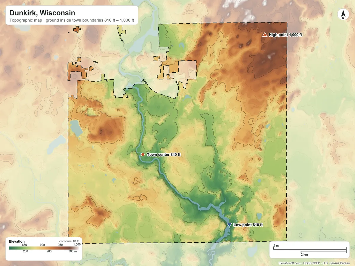 Topographic elevation map of Dunkirk, Wisconsin, shaded from 810 ft on the southeast side to 1,000 ft on the northeast side