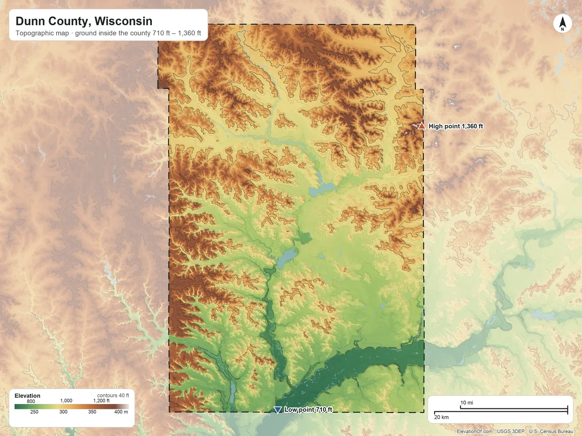 Topographic elevation map of Dunn County, Wisconsin, shaded from 710 ft on the south side to 1,360 ft on the northeast side