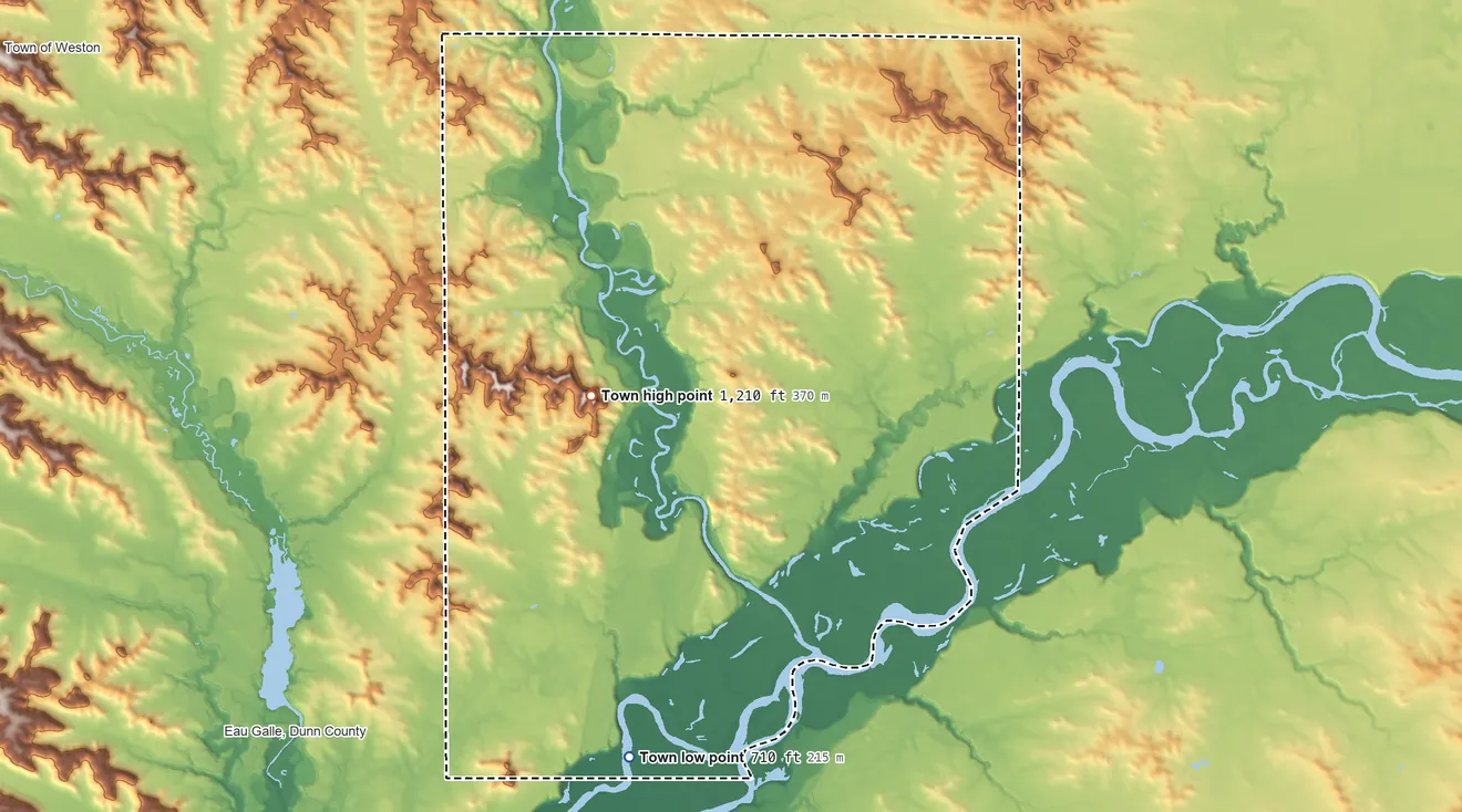 Topographic elevation map of Dunn, Dunn County, Wisconsin, shaded from 710 ft on the south side to 1,210 ft on the southwest side