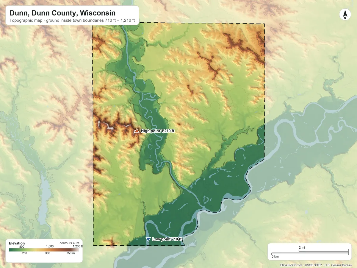 Topographic elevation map of Dunn, Dunn County, Wisconsin, shaded from 710 ft on the south side to 1,210 ft on the southwest side