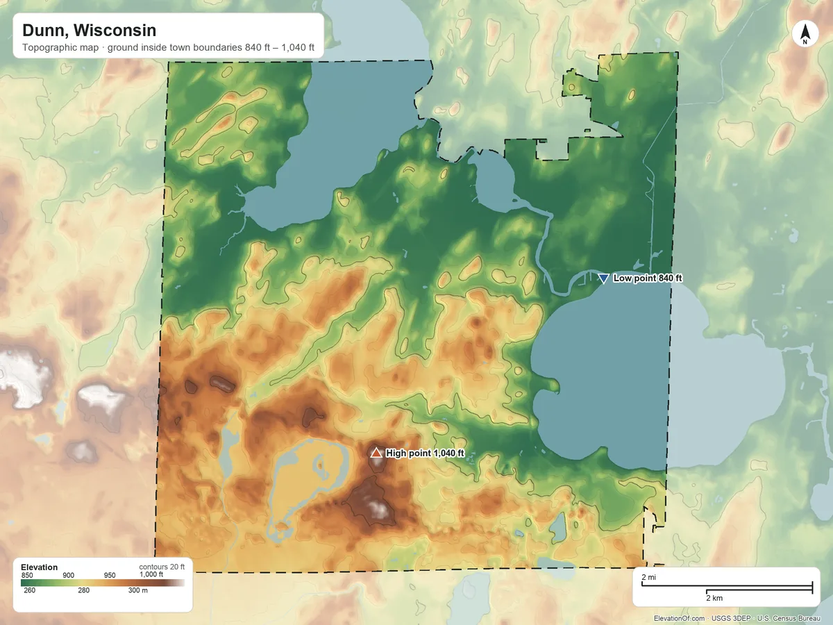 Topographic elevation map of Dunn, Wisconsin, shaded from 840 ft on the east side to 1,040 ft on the south side