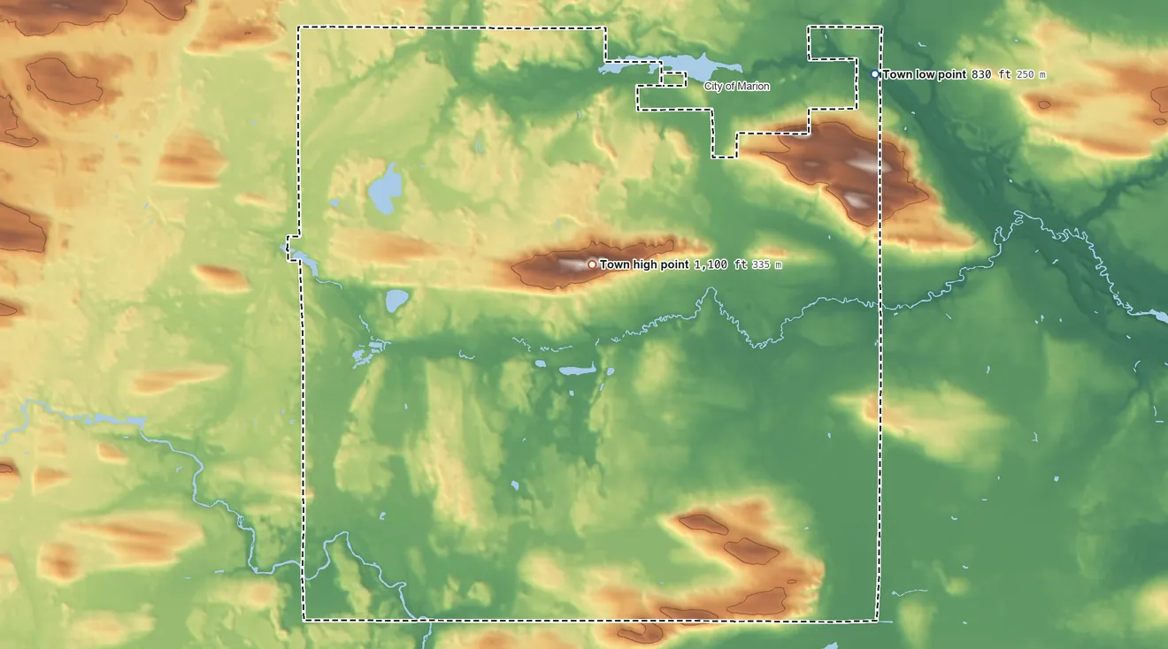 Topographic elevation map of Dupont, Wisconsin, shaded from 830 ft on the northeast side to 1,100 ft near the middle