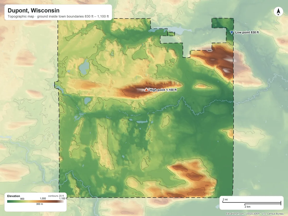 Topographic elevation map of Dupont, Wisconsin, shaded from 830 ft on the northeast side to 1,100 ft near the middle