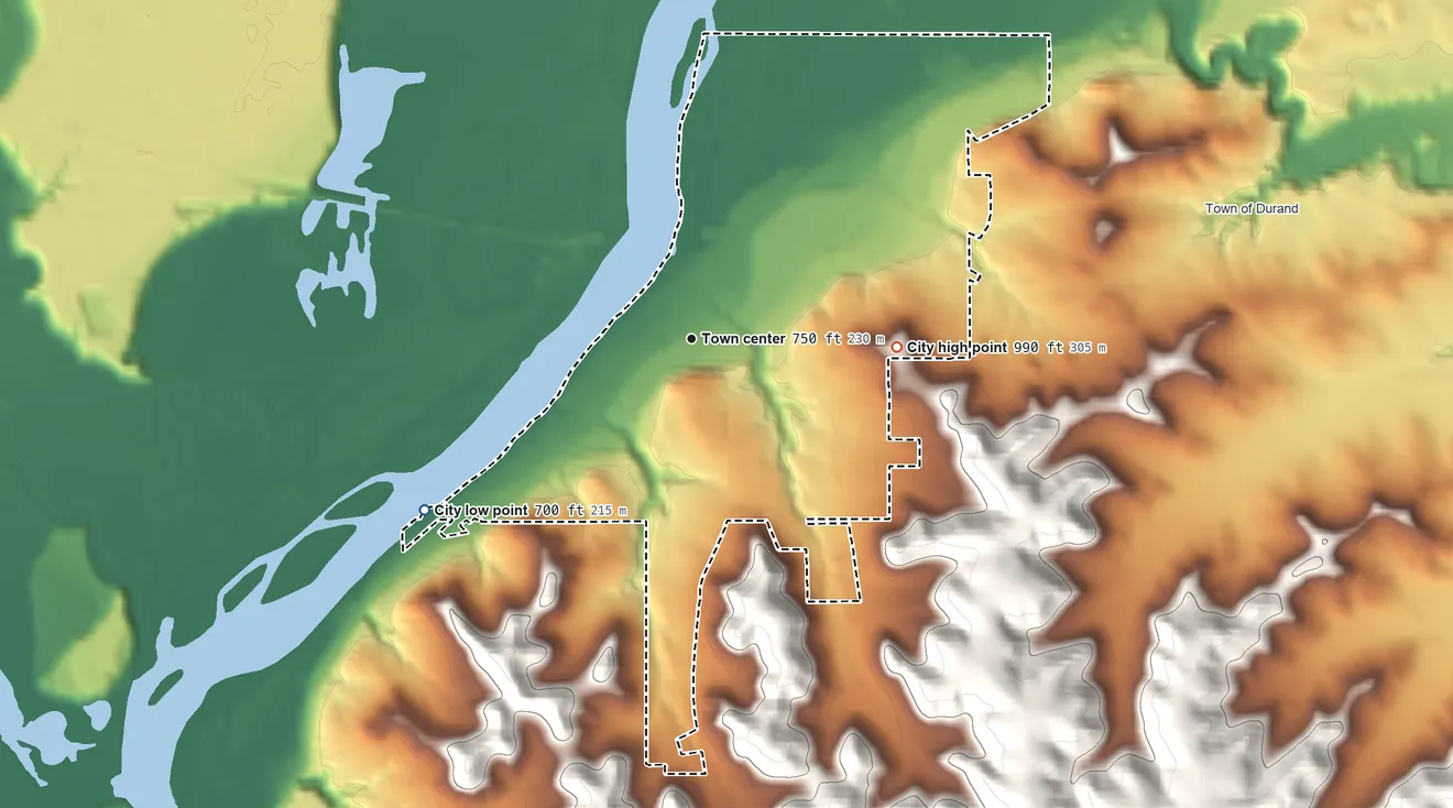 Topographic elevation map of Durand, Wisconsin, shaded from 700 ft on the southwest side to 990 ft on the east side