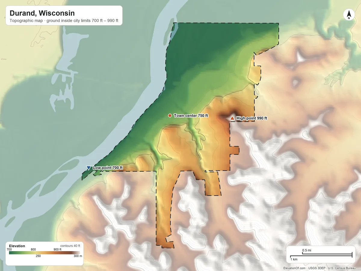 Topographic elevation map of Durand, Wisconsin, shaded from 700 ft on the southwest side to 990 ft on the east side