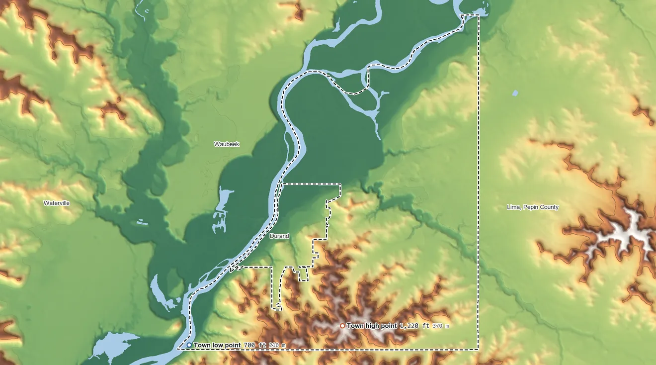 Topographic elevation map of Town of Durand, Wisconsin, shaded from 700 ft on the southwest side to 1,220 ft on the south side