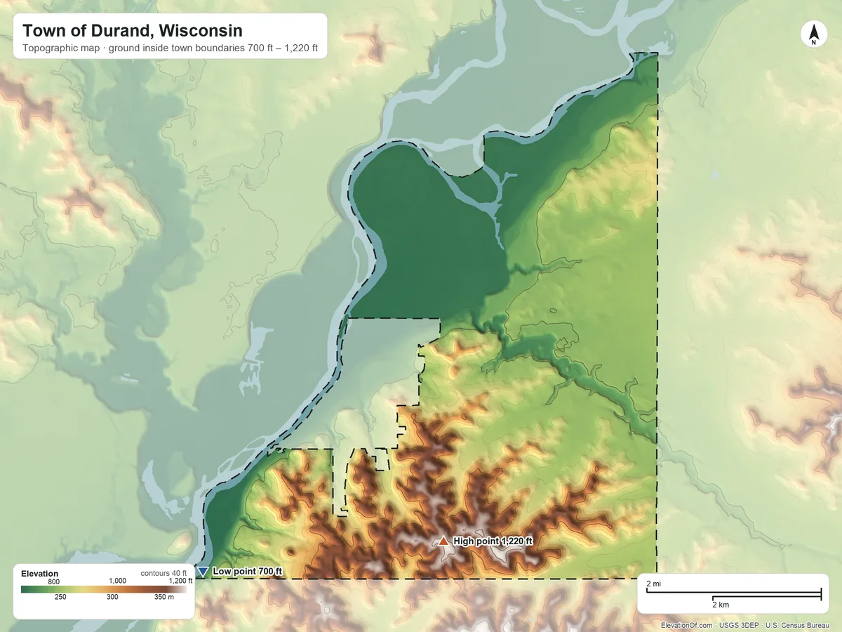 Topographic elevation map of Town of Durand, Wisconsin, shaded from 700 ft on the southwest side to 1,220 ft on the south side