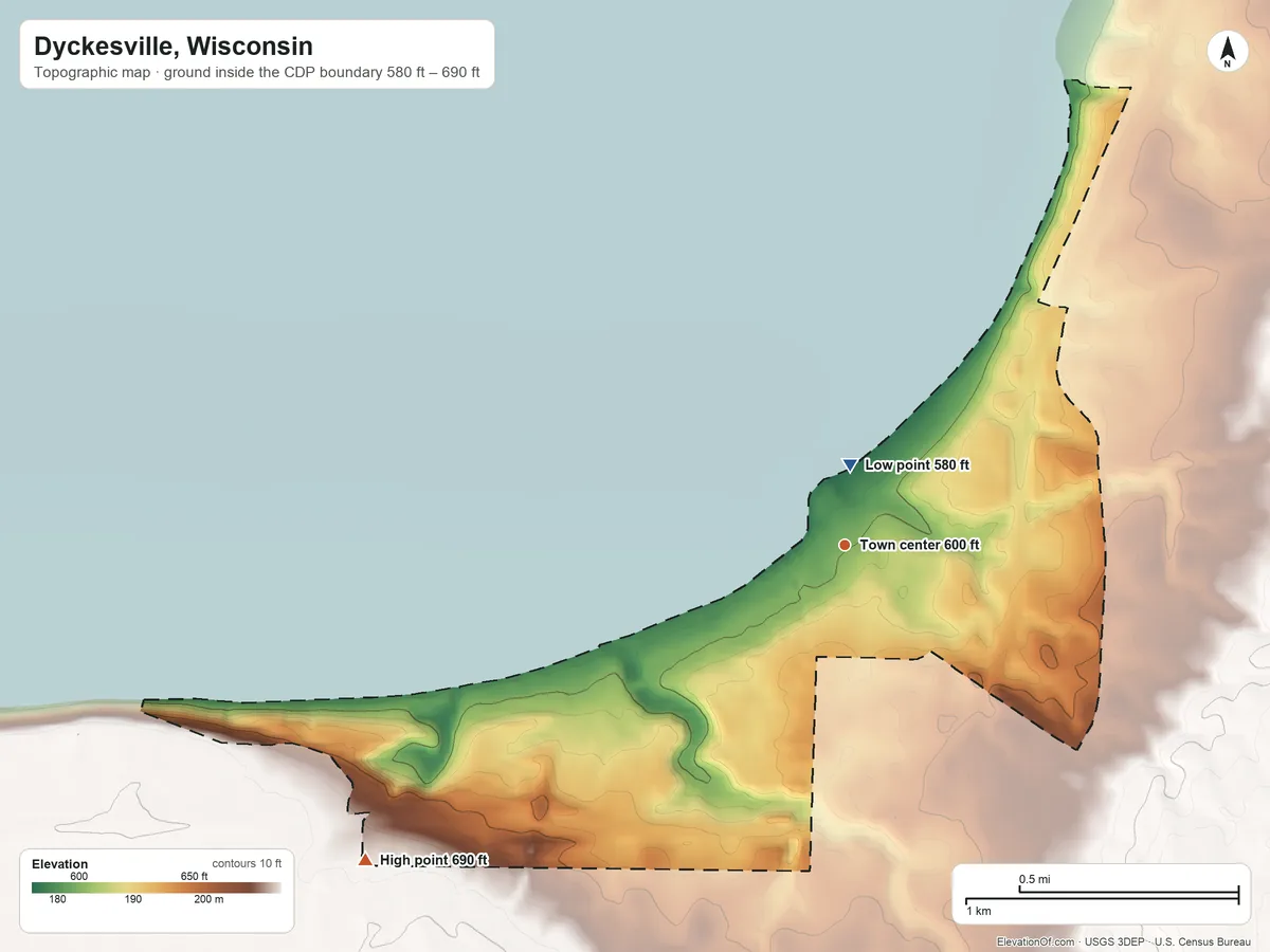 Topographic elevation map of Dyckesville, Wisconsin, shaded from 580 ft near the middle to 690 ft on the southwest side
