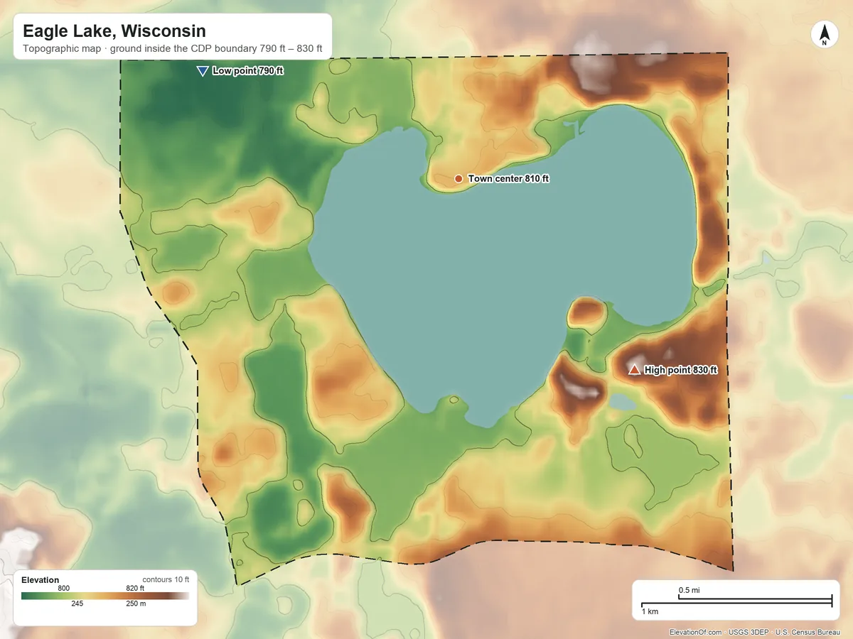 Topographic elevation map of Eagle Lake, Wisconsin, shaded from 790 ft on the northwest side to 830 ft on the southeast side
