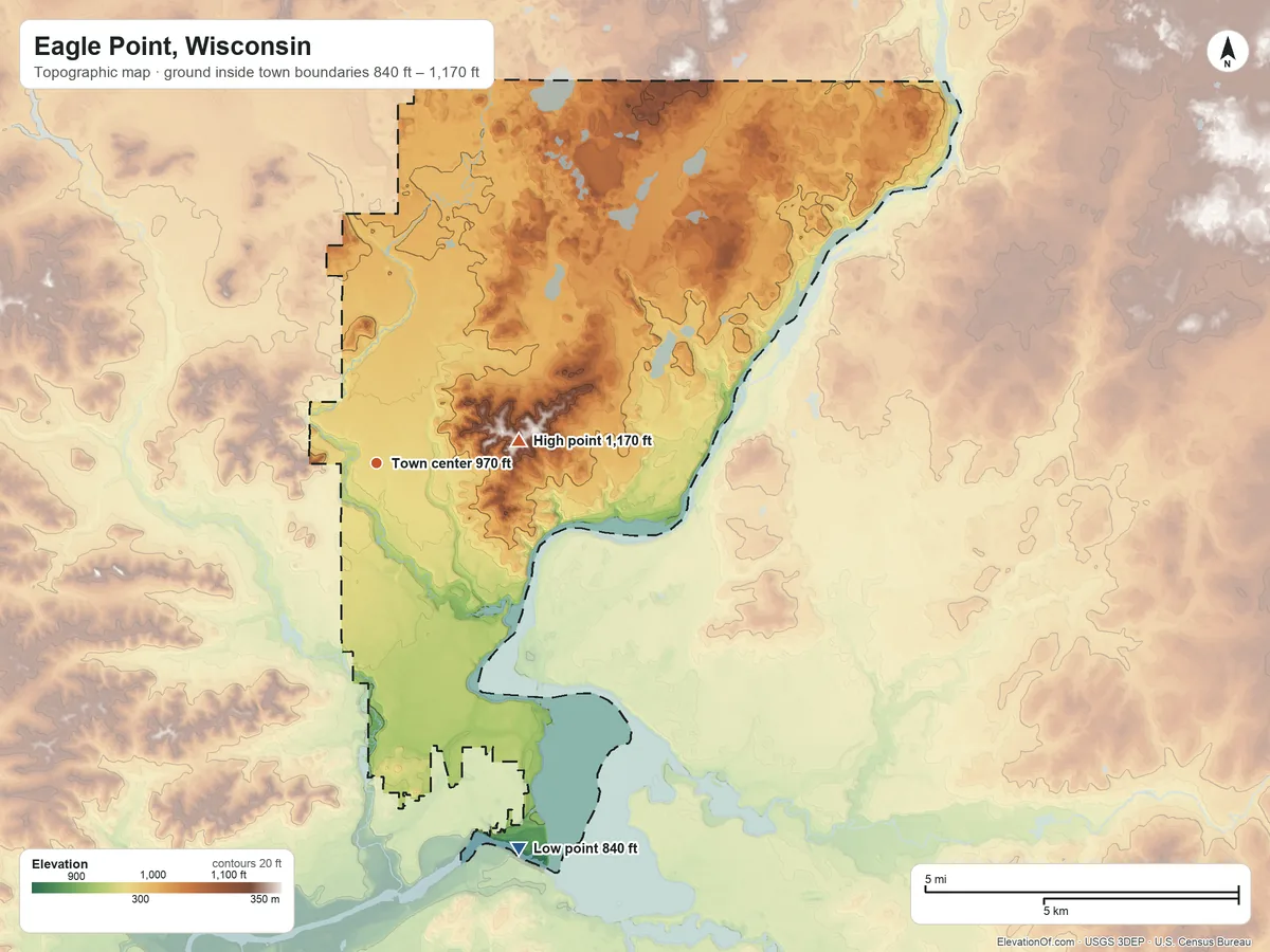Topographic elevation map of Eagle Point, Wisconsin, shaded from 840 ft on the south side to 1,170 ft on the east side