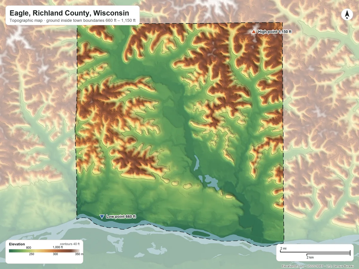 Topographic elevation map of Eagle, Richland County, Wisconsin, shaded from 660 ft on the southwest side to 1,150 ft on the northeast side