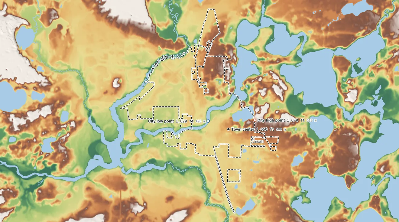 Topographic elevation map of Eagle River, Wisconsin, shaded from 1,620 ft near the middle to 1,670 ft on the east side