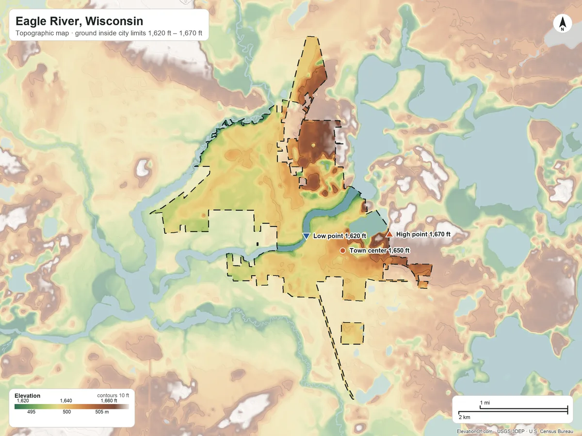 Topographic elevation map of Eagle River, Wisconsin, shaded from 1,620 ft near the middle to 1,670 ft on the east side