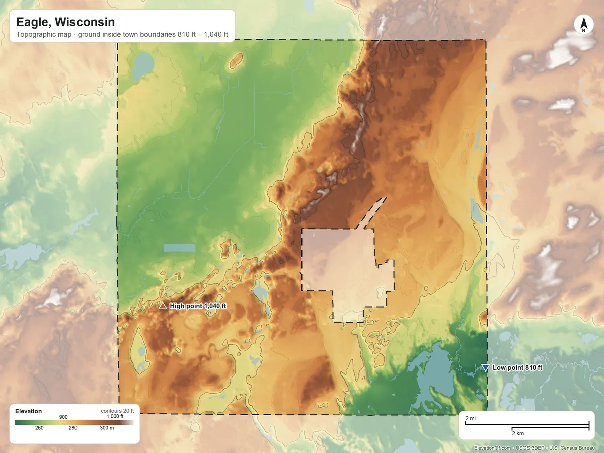 Topographic elevation map of Eagle, Wisconsin, shaded from 810 ft on the southeast side to 1,040 ft on the west side