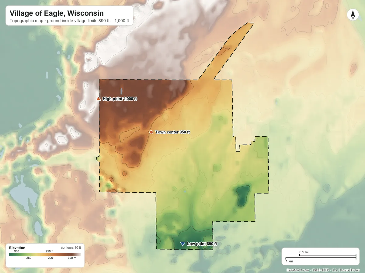 Topographic elevation map of Village of Eagle, Wisconsin, shaded from 890 ft on the south side to 1,000 ft on the northwest side