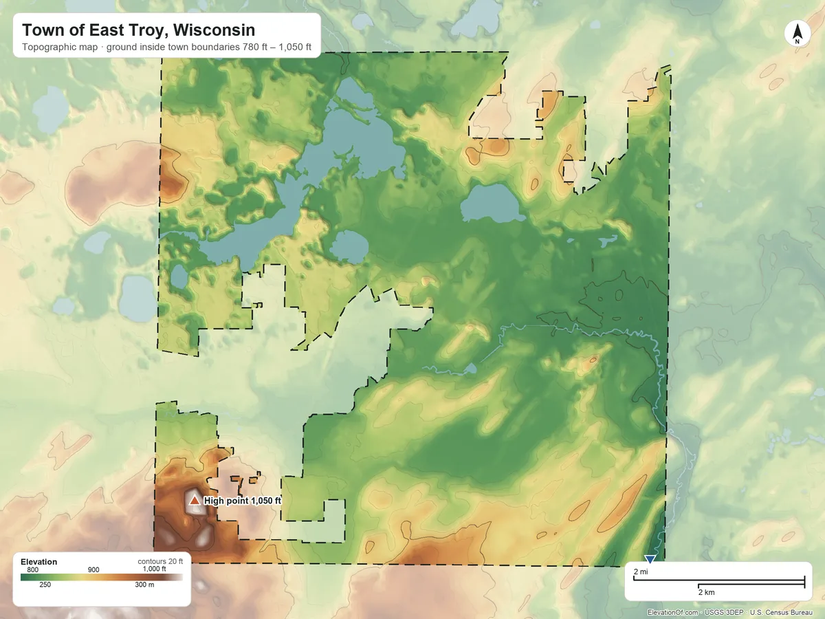 Topographic elevation map of Town of East Troy, Wisconsin, shaded from 780 ft on the southeast side to 1,050 ft on the southwest side