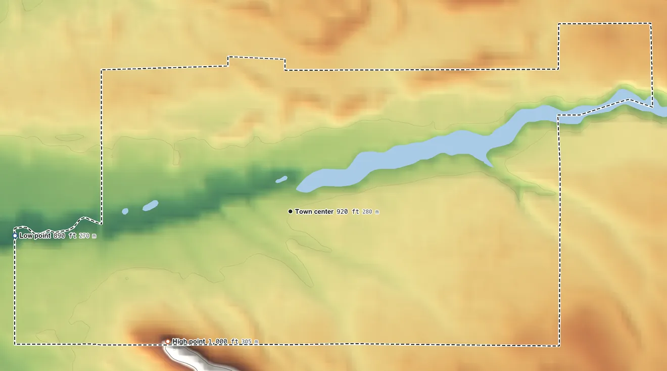 Topographic elevation map of Easton, Adams County, Wisconsin, shaded from 890 ft on the west side to 1,000 ft on the southwest side