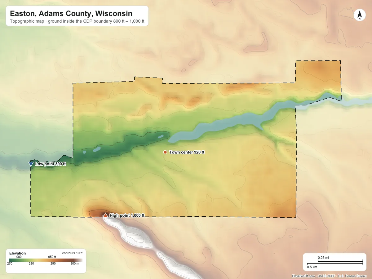 Topographic elevation map of Easton, Adams County, Wisconsin, shaded from 890 ft on the west side to 1,000 ft on the southwest side