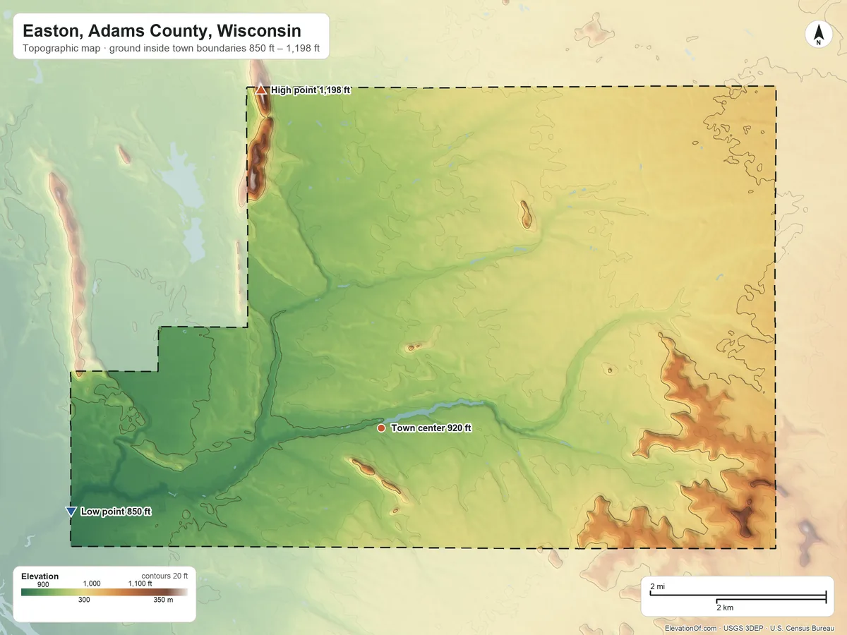 Topographic elevation map of Easton, Adams County, Wisconsin, shaded from 850 ft on the west side to 1,198 ft on Rattlesnake Mound