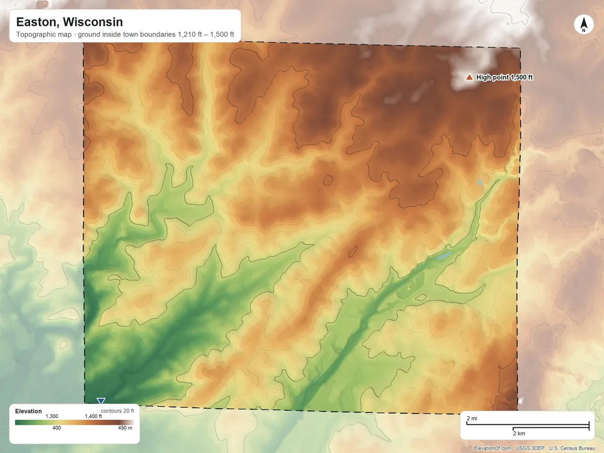 Topographic elevation map of Easton, Wisconsin, shaded from 1,210 ft on the southwest side to 1,500 ft on the northeast side